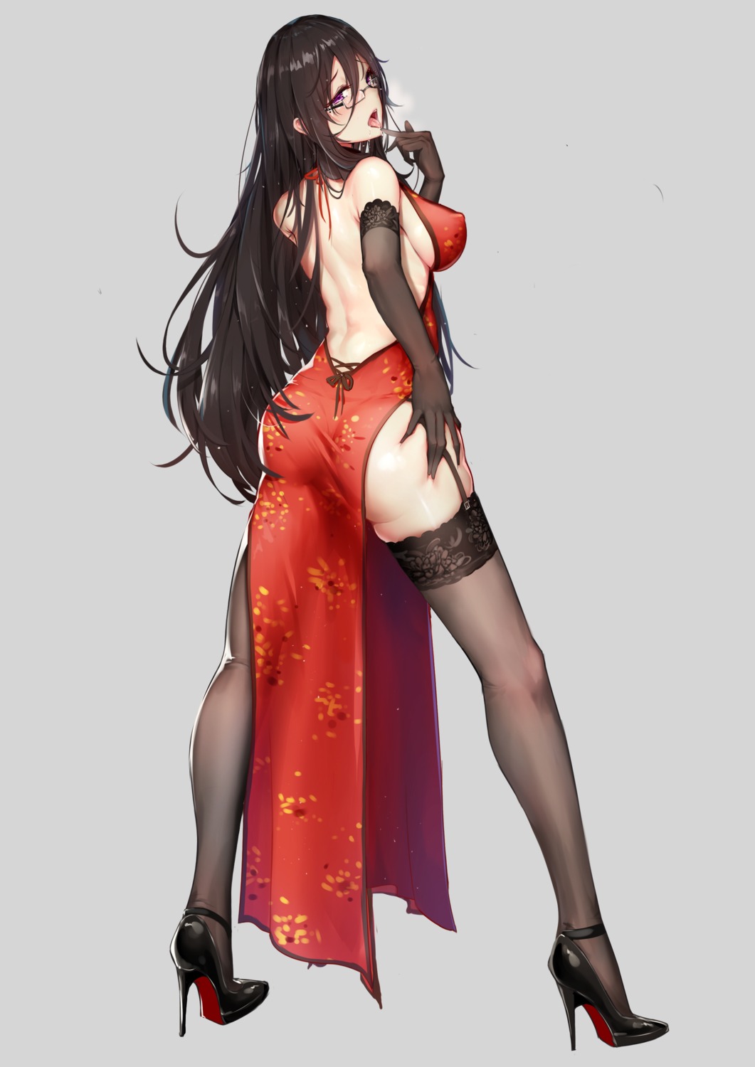 ass dress erect_nipples heels megane no_bra roy_(pixiv12676578) stockings thighhighs