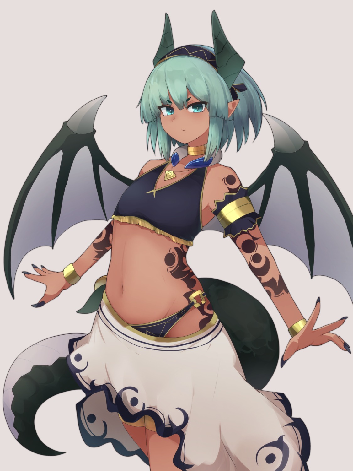 garter horns no_bra pointy_ears tail tattoo wings yonaga