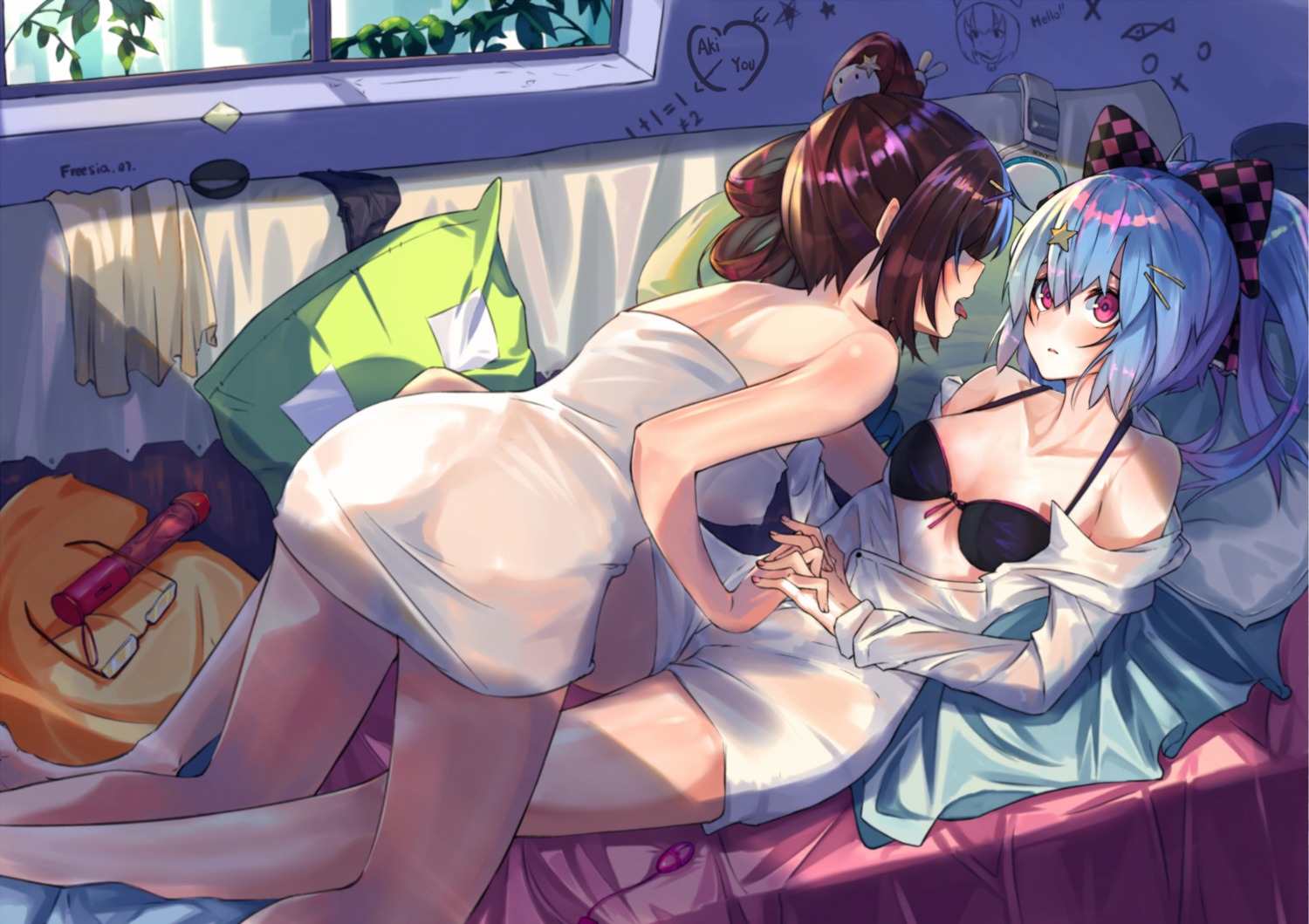 ass bra cleavage erect_nipples hoshino_(illyasviel) open_shirt see_through towel yuri