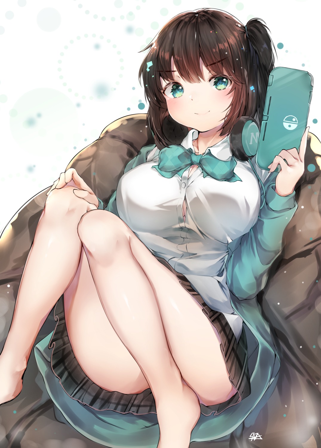 cleavage headphones hiromaster_sinta_jh seifuku skirt_lift