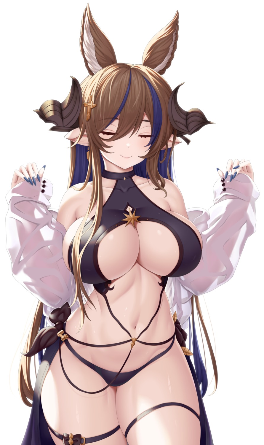 animal_ears asamura_hiori galleon_(granblue_fantasy) garter granblue_fantasy horns no_bra pantsu pointy_ears see_through