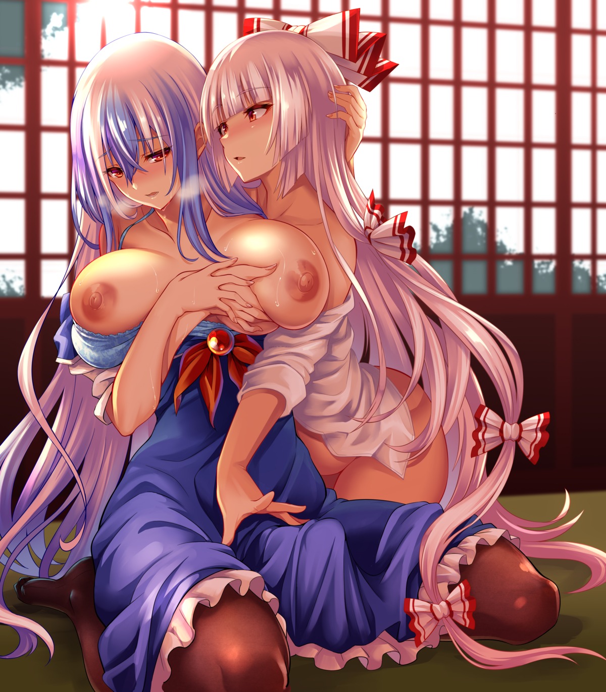 bottomless bra breast_hold breasts dress fujiwara_no_mokou futanari handjob hijikawa_arashi kamishirasawa_keine nipples open_shirt touhou