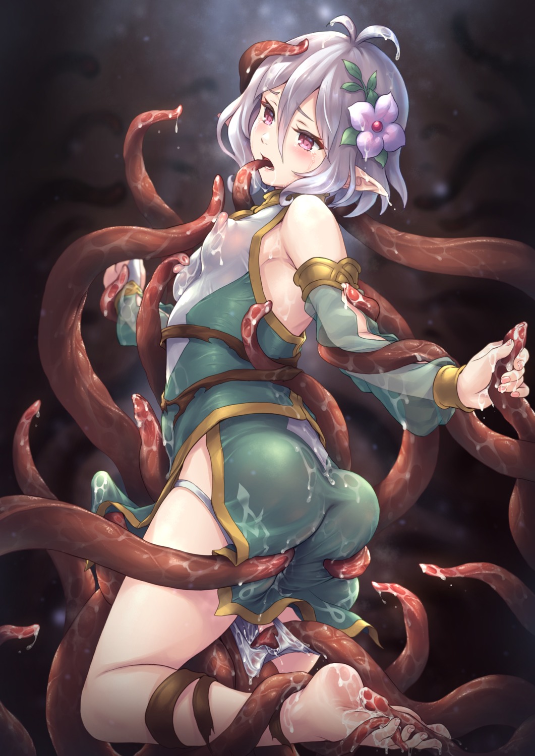 ass ass_grab bondage breast_hold cum dress erect_nipples feet kokkoro kuragetakos loli no_bra pantsu panty_pull pointy_ears princess_connect princess_connect!_re:dive see_through tentacles undressing