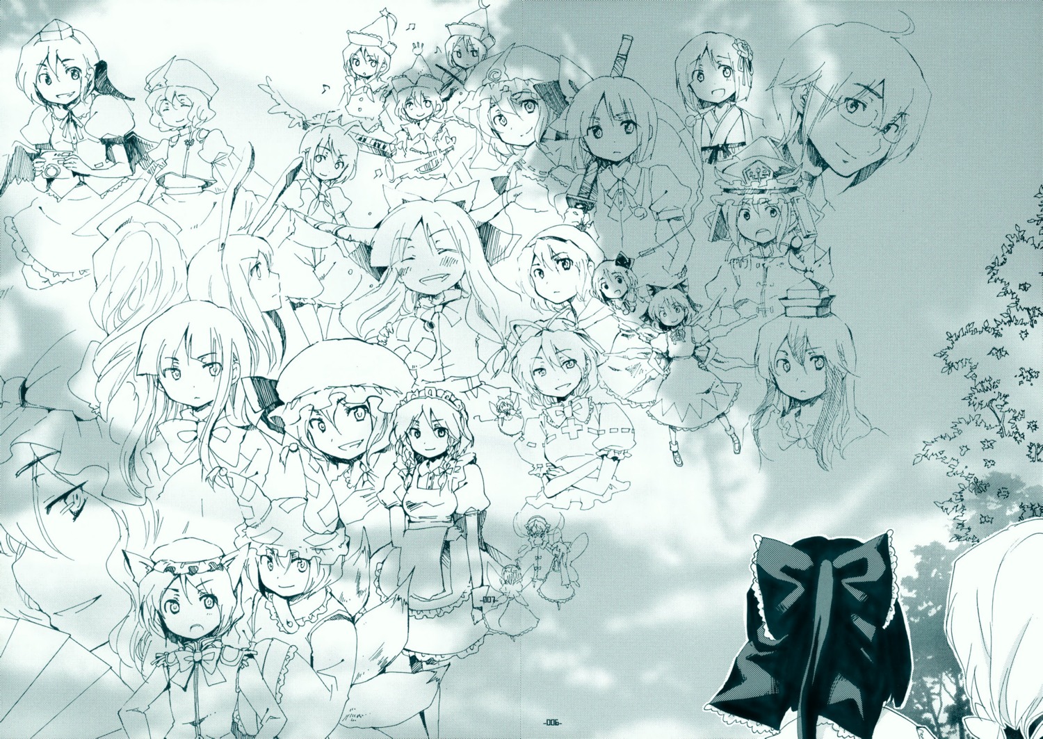 akieda alice_margatroid chen cirno hakurei_reimu hieda_no_akyuu houraisan_kaguya ibuki_suika izayoi_sakuya kamishirasawa_keine kirisame_marisa konpaku_youmu letty_whiterock luna_child lunasa_prismriver lyrica_prismriver medicine_melancholy merlin_prismriver monochrome morichika_rinnosuke reisen_udongein_inaba remilia_scarlet rumia saigyouji_yuyuko scanning_artifacts screening shameimaru_aya shikieiki_yamaxanadu star_sapphire sunny_milk touhou wriggle_nightbug yagokoro_eirin yakumo_ran yakumo_yukari