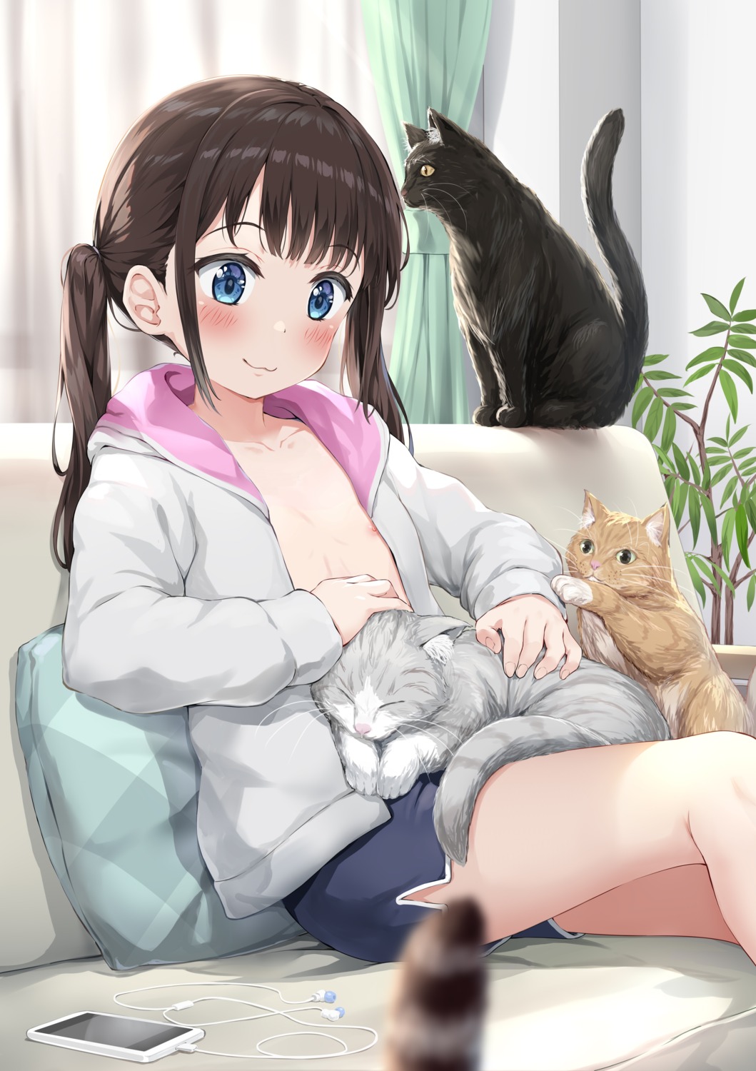 headphones loli nedia_r neko nipples no_bra open_shirt photoshop