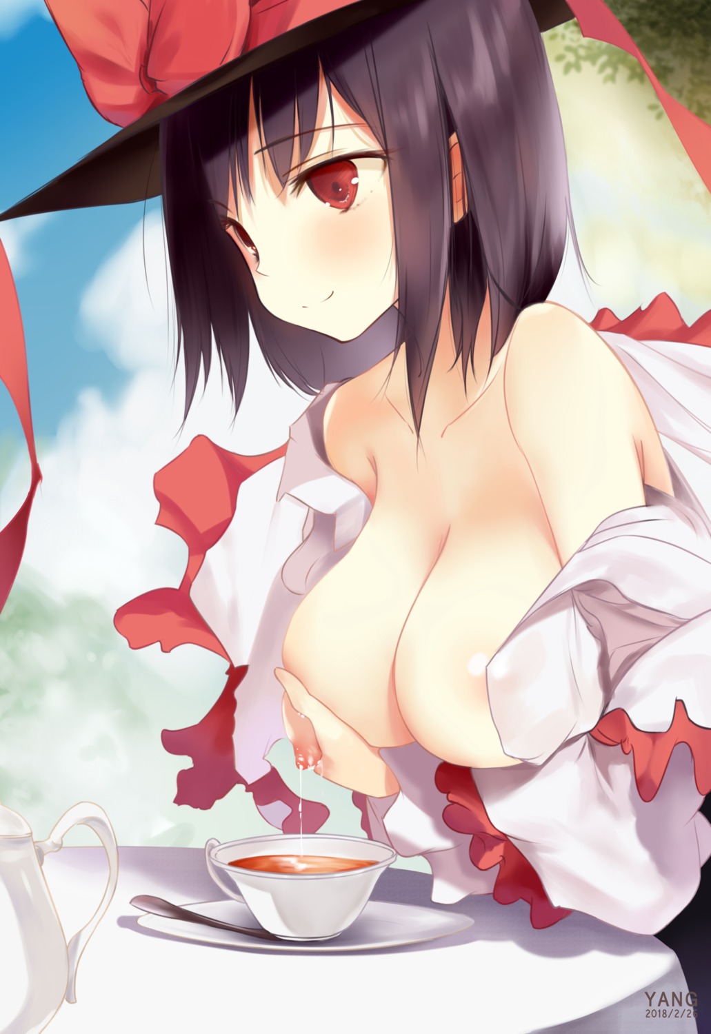 breast_grab breasts ke-ta lactation nagae_iku nipples no_bra open_shirt touhou