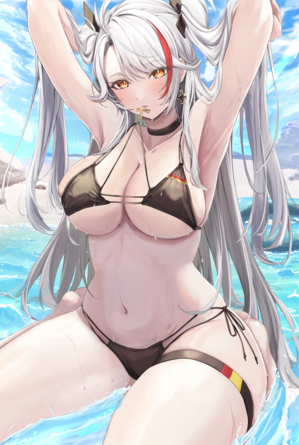 azur_lane bikini cafenami garter prinz_eugen_(azur_lane) swimsuits wet