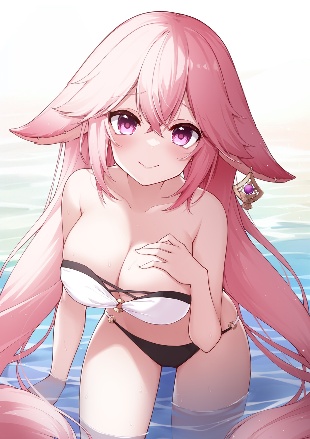 animal_ears bikini genshin_impact kitsune poinia swimsuits wet yae_miko