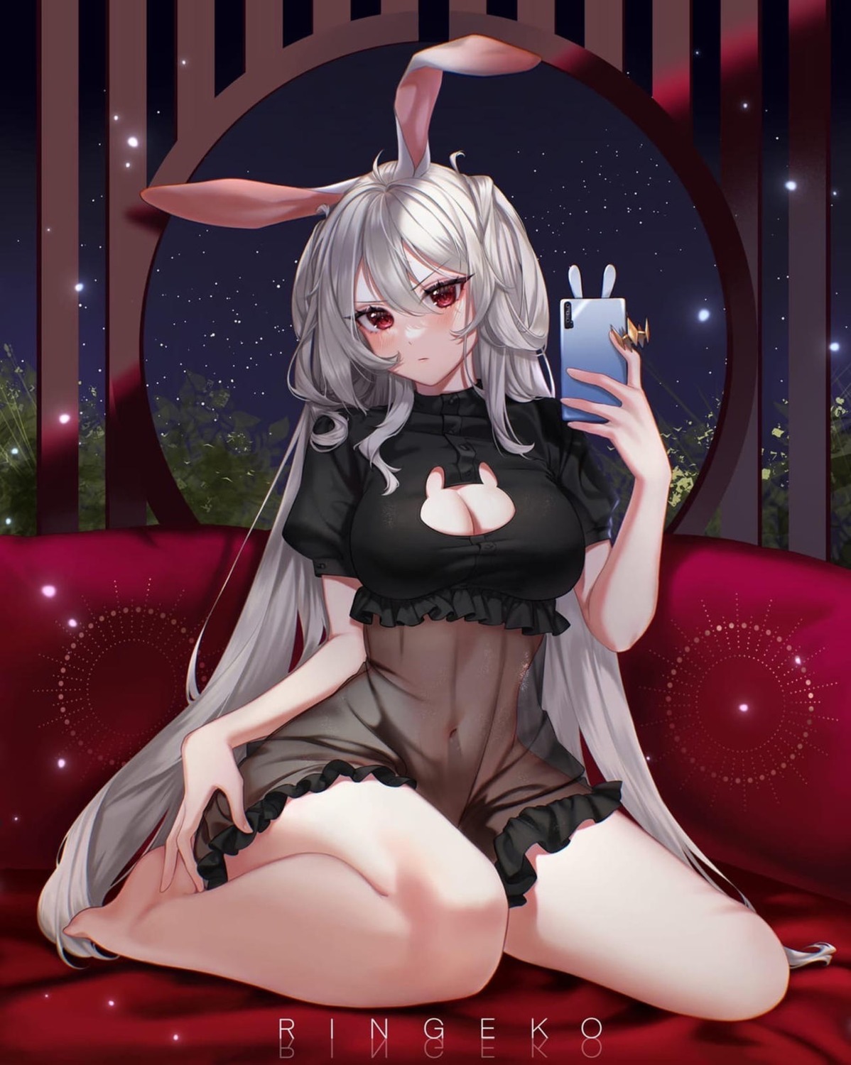 animal_ears bunny_ears lingerie no_bra ringeko-chan see_through selfie