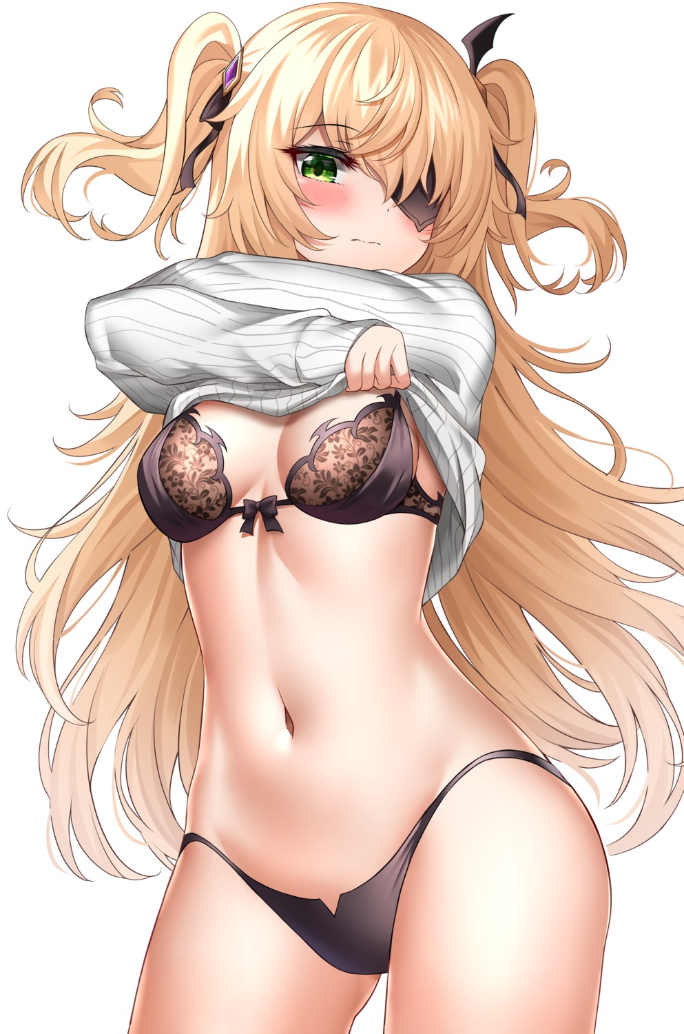 bra eyepatch fischl genshin_impact pantsu shirt_lift sunhyun sweater undressing