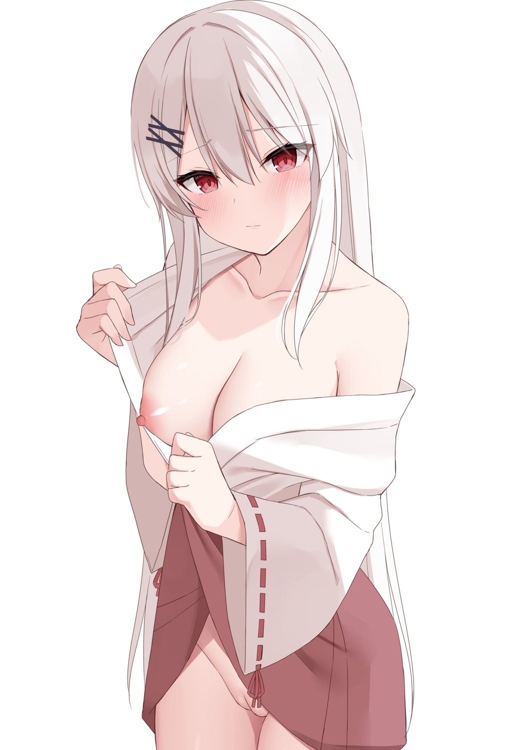 breasts kamu_(geeenius) miko nipples no_bra nopan open_shirt pussy skirt_lift uncensored undressing