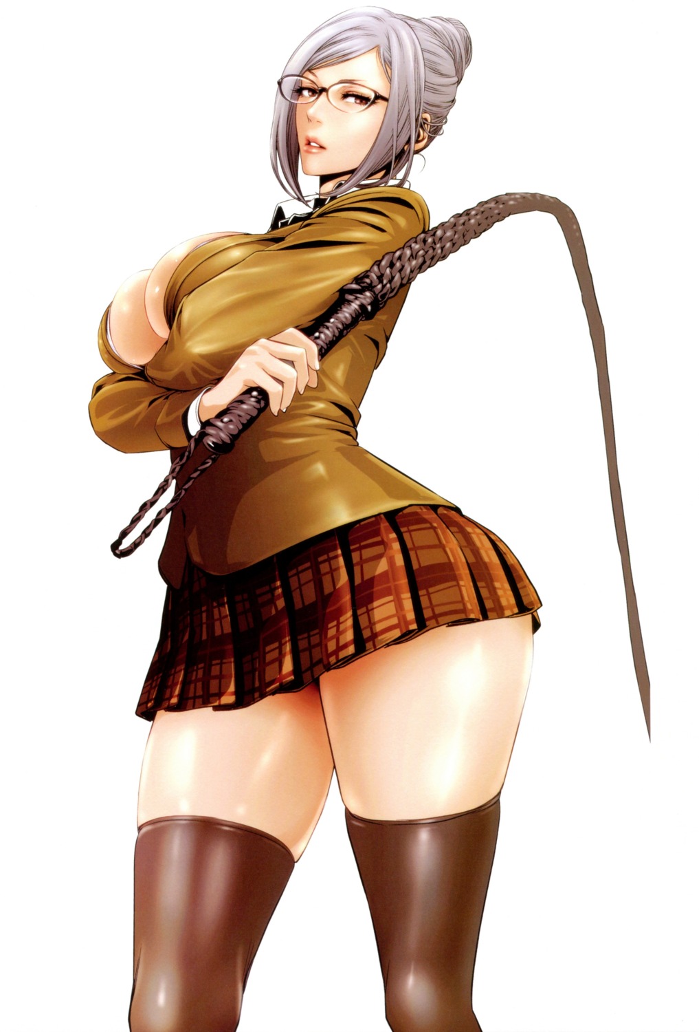 breast_hold hiramoto_akira megane no_bra open_shirt prison_school seifuku shiraki_meiko weapon