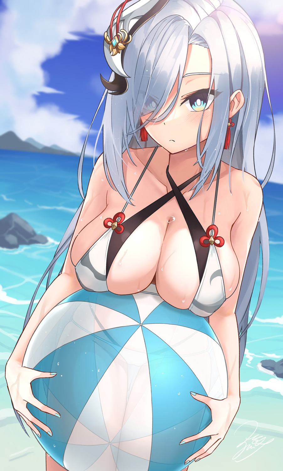 bikini genshin_impact shenhe swimsuits z.m._(school913102)