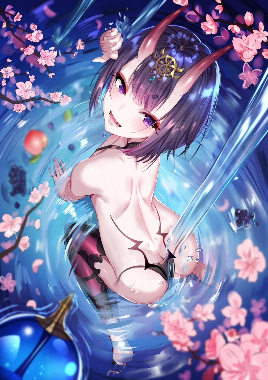 ass fate/grand_order horns shanguier shuten_douji_(fate/grand_order) thighhighs topless wet