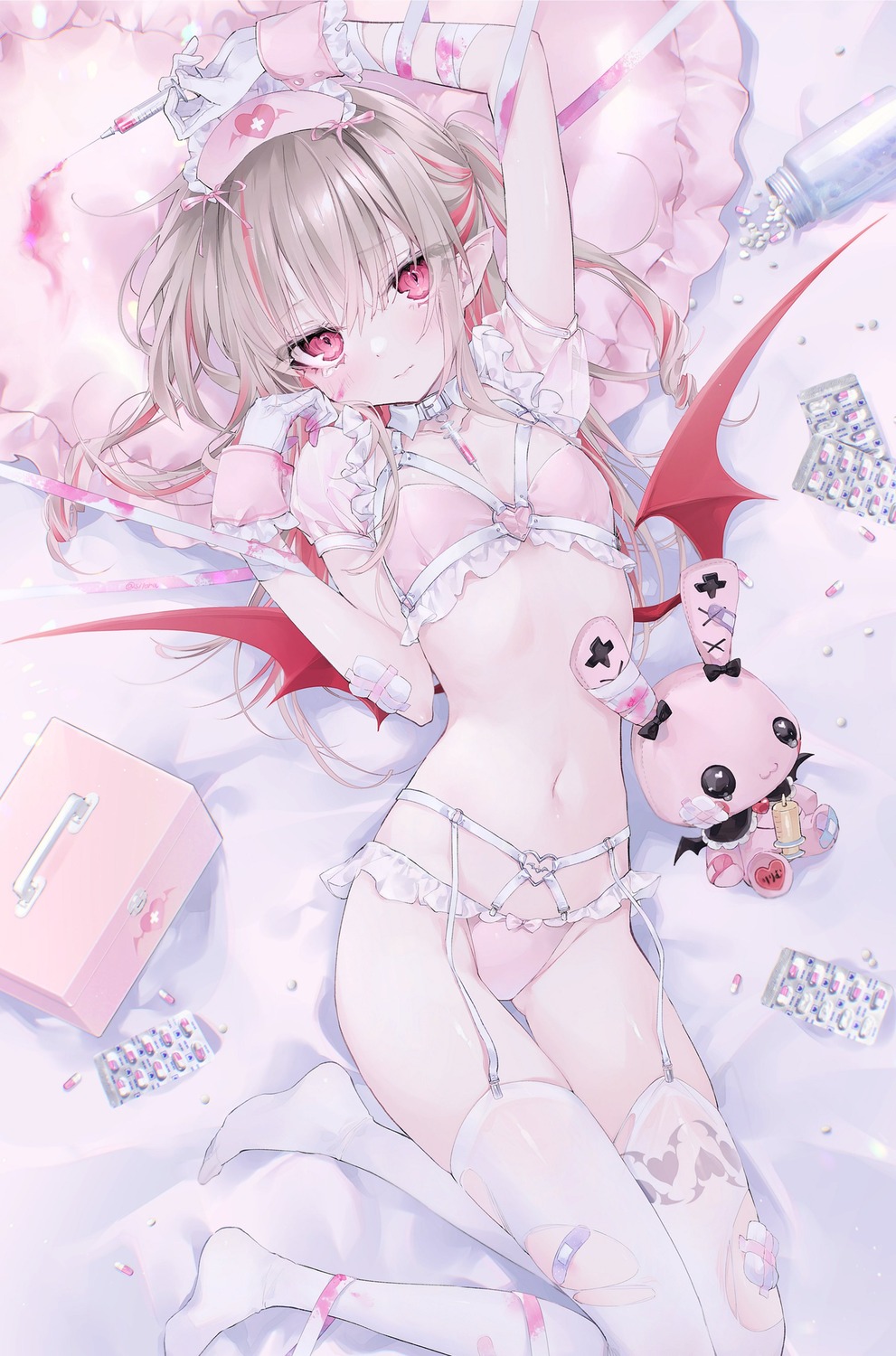 bandages bandaid bra garter_belt makaino_ririmu nijisanji nijisanji_gamers nurse pantsu pointy_ears si10ra stockings thighhighs torn_clothes wings