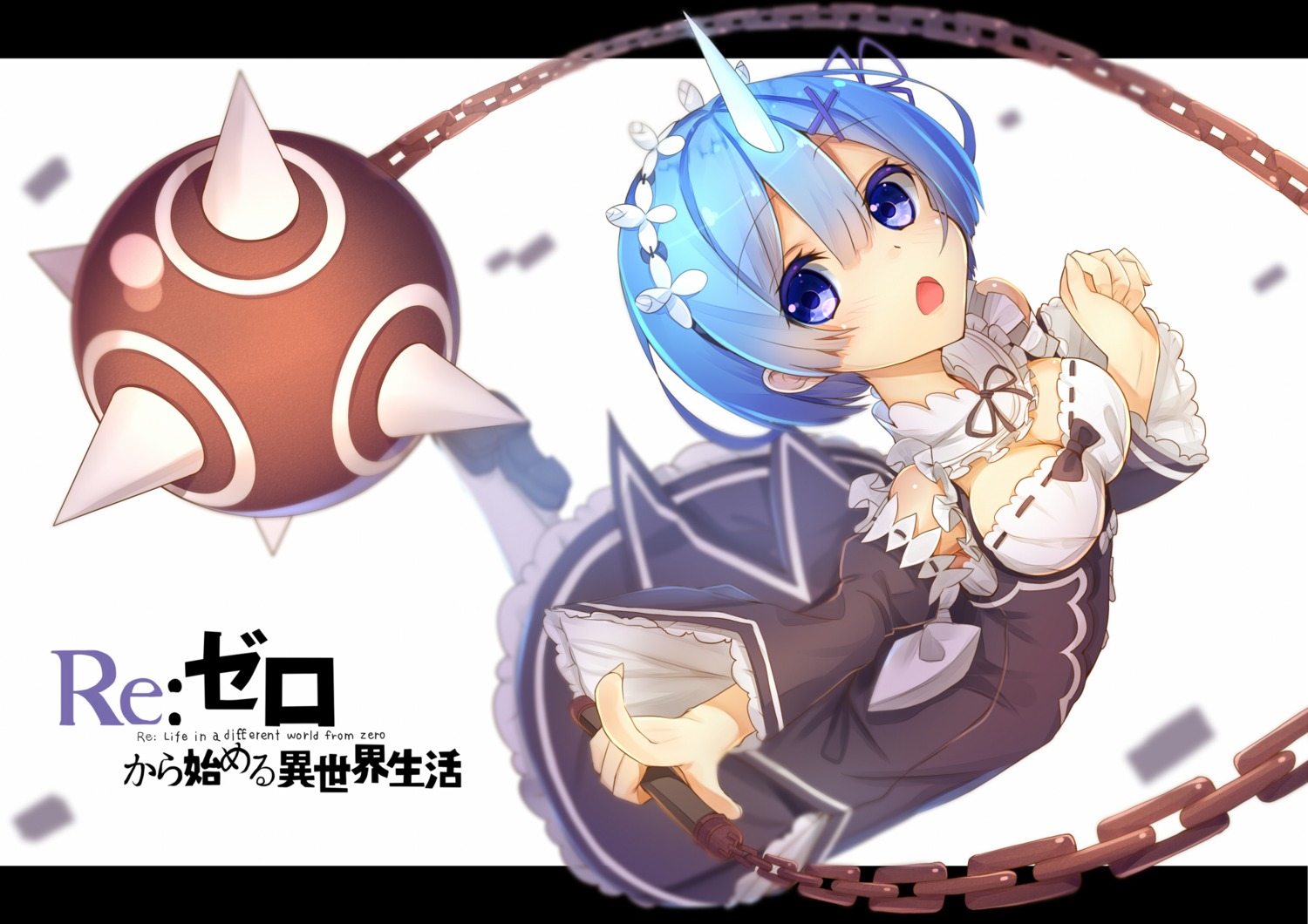 cleavage horns maid re_zero_kara_hajimeru_isekai_seikatsu rem_(re_zero) tatapopo weapon