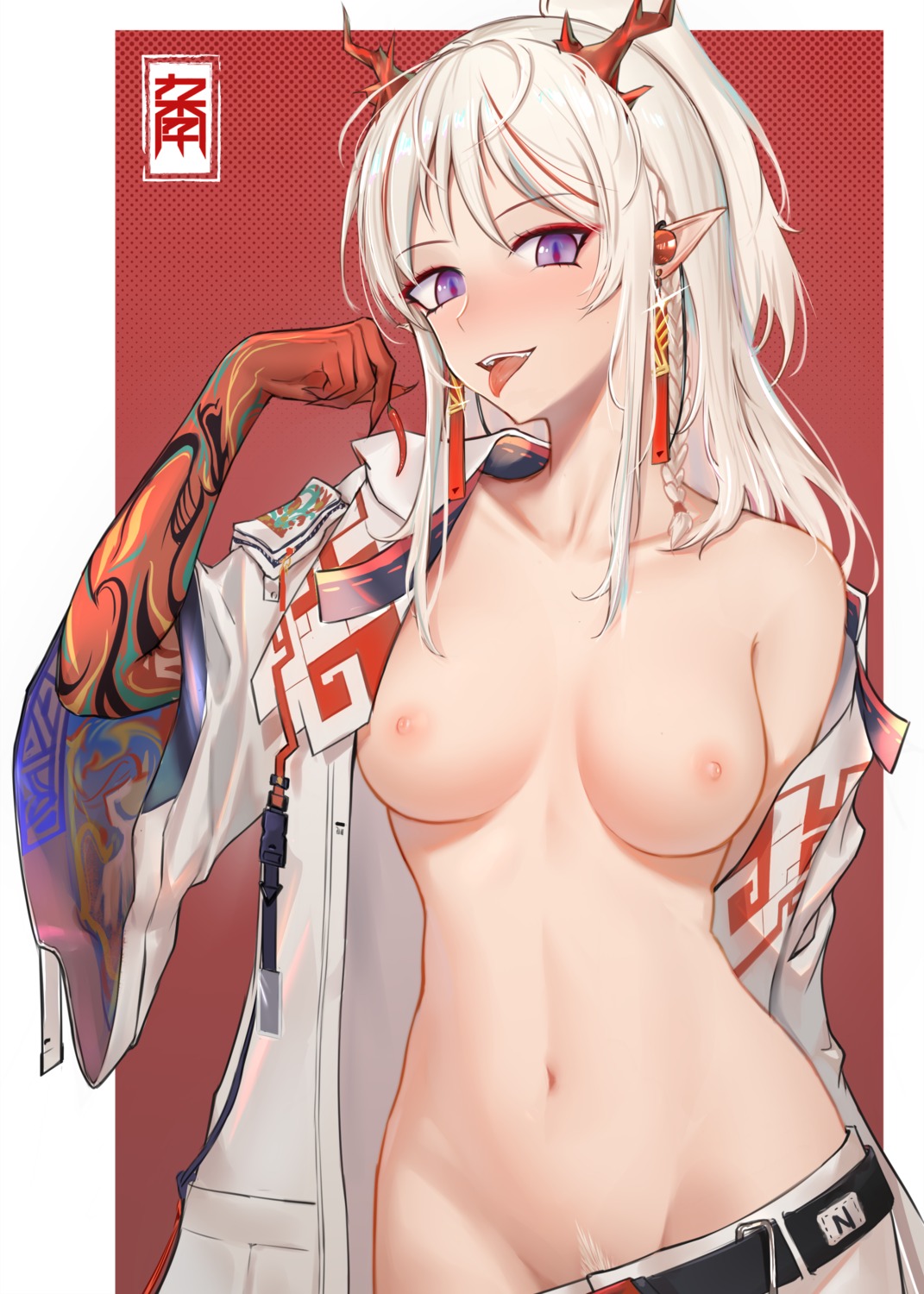 anming arknights breasts horns nian_(arknights) nipples no_bra nopan open_shirt pointy_ears pubic_hair tattoo