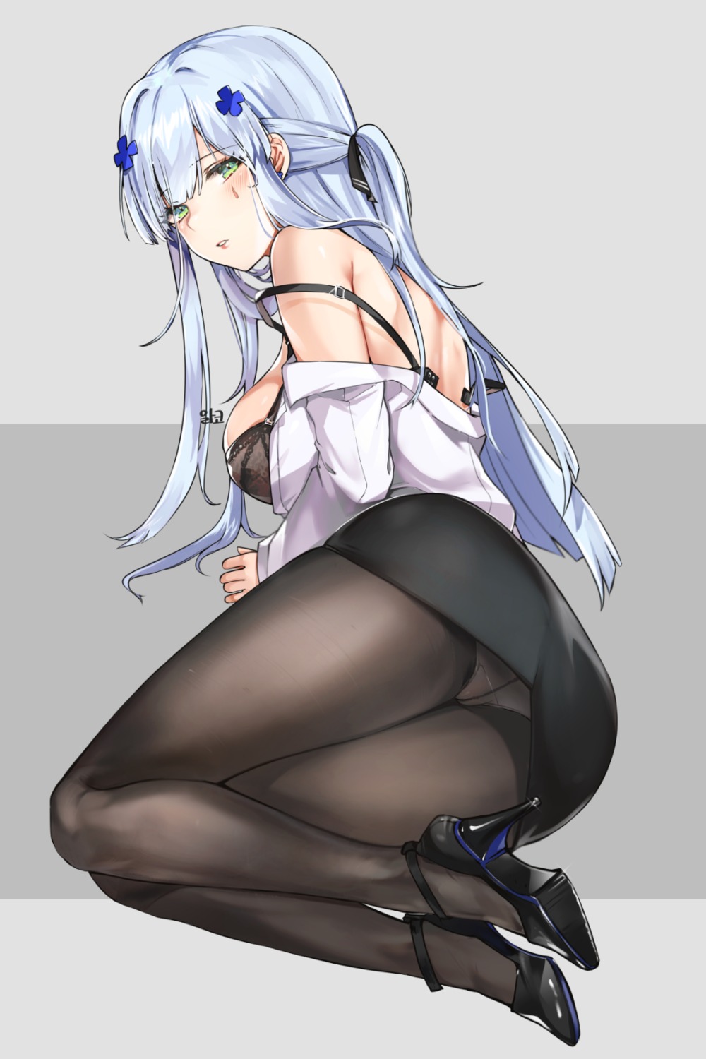 alraco ass bra dress_shirt girls_frontline heels hk416_(girls_frontline) open_shirt pantsu pantyhose skirt_lift