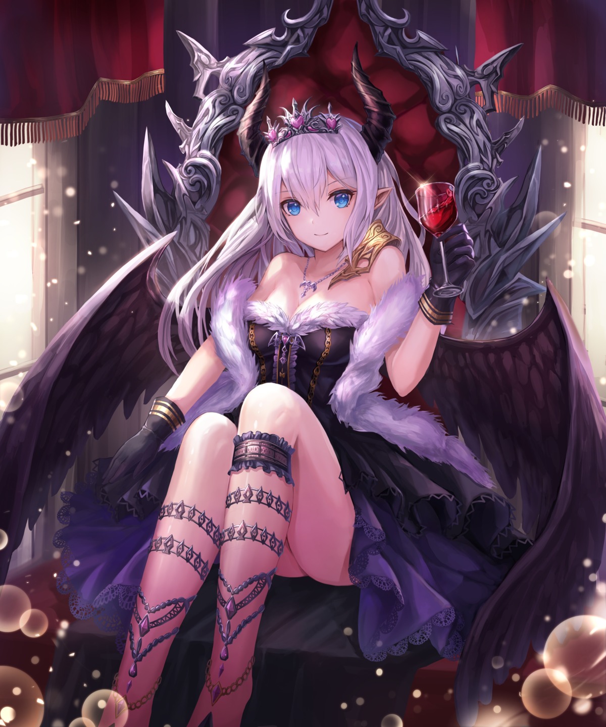 cleavage dress horns lunacle pointy_ears skirt_lift wings