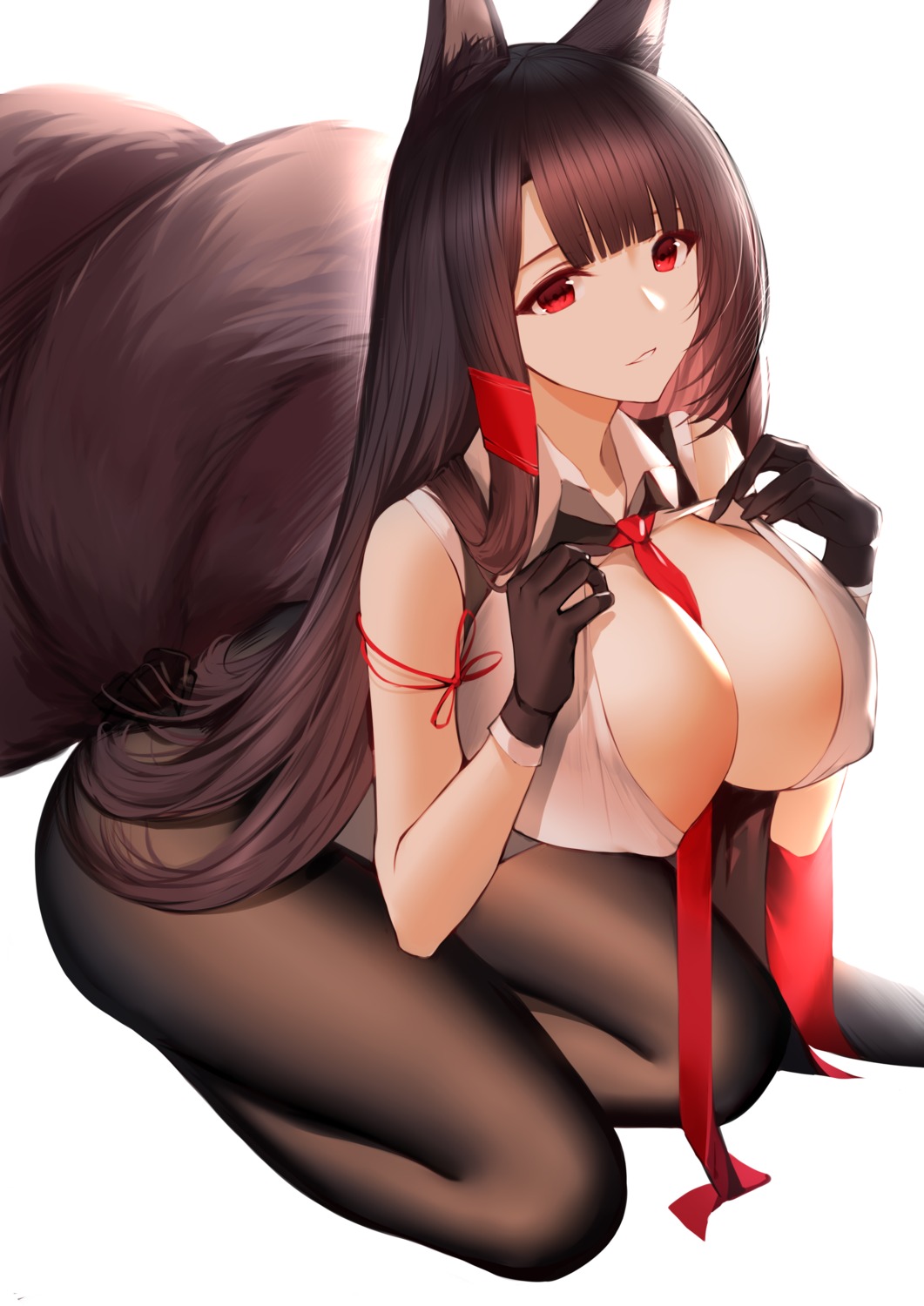 akagi_(azur_lane) an_yasuri animal_ears azur_lane erect_nipples kitsune no_bra open_shirt pantyhose tail