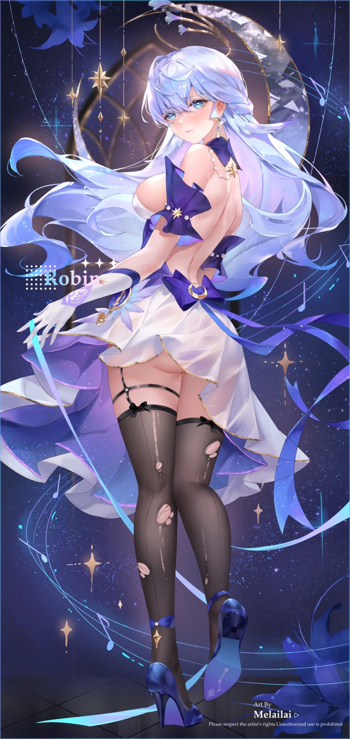 garter halo heels honkai:_star_rail melailai no_bra robin see_through skirt_lift stockings thighhighs torn_clothes