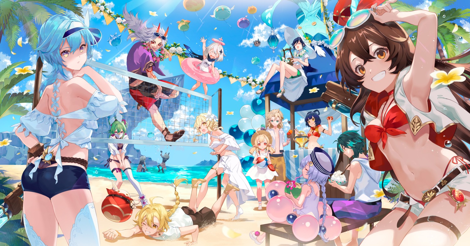 aether albedo_(genshin_impact) amber_(genshin_impact) arataki_itto ass bikini dress eula garter genshin_impact horns klee kuki_shinobu lumine megane mito_itsuki open_shirt paimon qiqi swimsuits thighhighs thong venti xiangling xiao