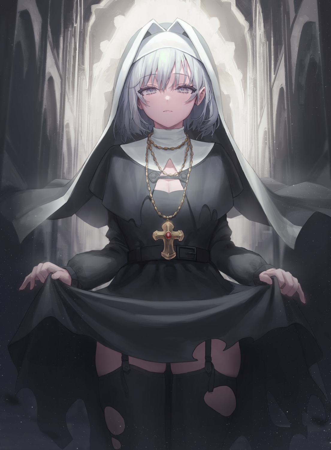 cleavage nun punipuni_(p00nipooni) skirt_lift stockings thighhighs torn_clothes