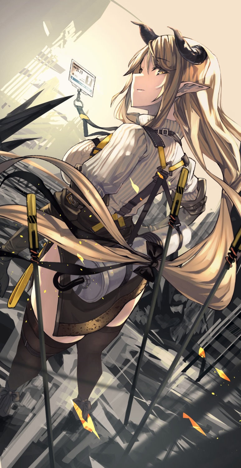 arknights fujita_(condor) horns meteorite_(arknights) pointy_ears sweater sword thighhighs