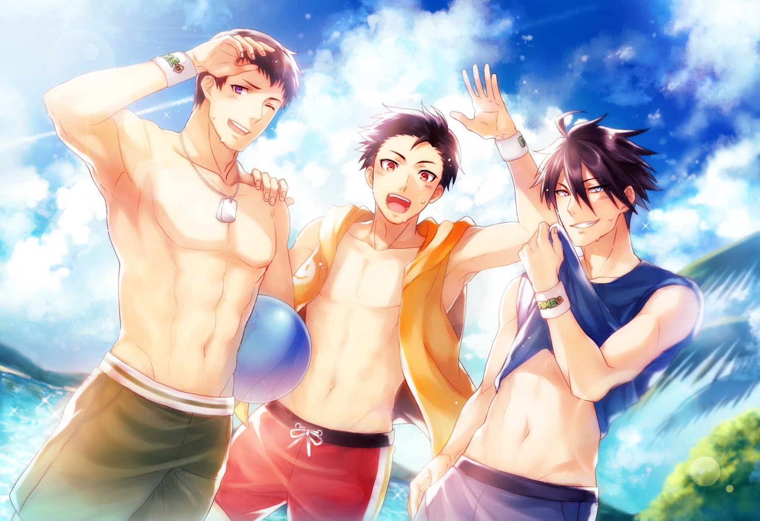 akuno_hideo kimura_ryuu male shingen_seiji shiron_(shiro_n) swimsuits the_idolm@ster the_idolm@ster_side-m topless