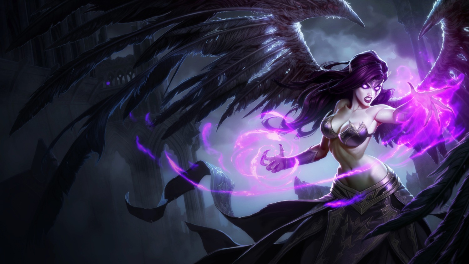 bikini_top cleavage league_of_legends morgana pointy_ears swimsuits tagme wings