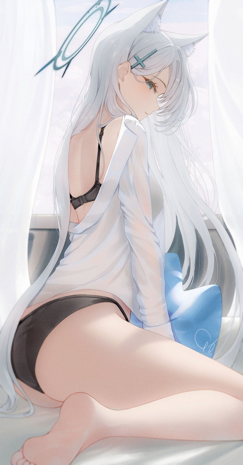 animal_ears ass blue_archive bra dress_shirt feet halo nekomimi pantsu see_through shiroko_terror sunaookami_shiroko thong wute5733