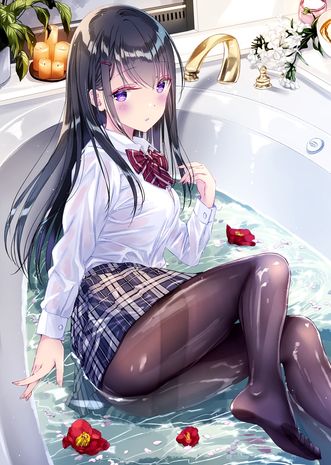 bathing feet kobayashi_chisato pantsu pantyhose see_through seifuku skirt_lift wet wet_clothes