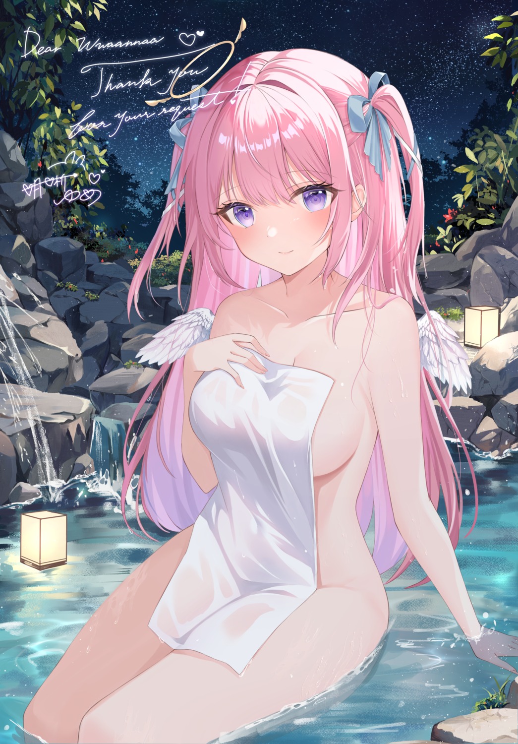 angel mashiro_mayu naked onsen see_through towel wet wings yumekoron