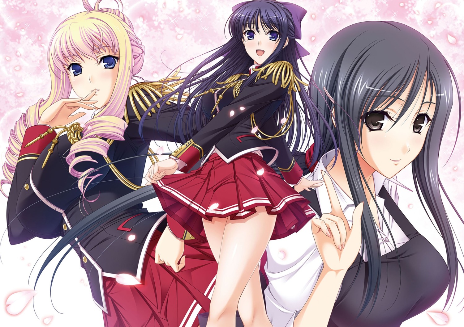 bertille_althusser hiiragi_ayako komori_kei ricotta ryuuzouji_akane seifuku skirt_lift walkure_romanze