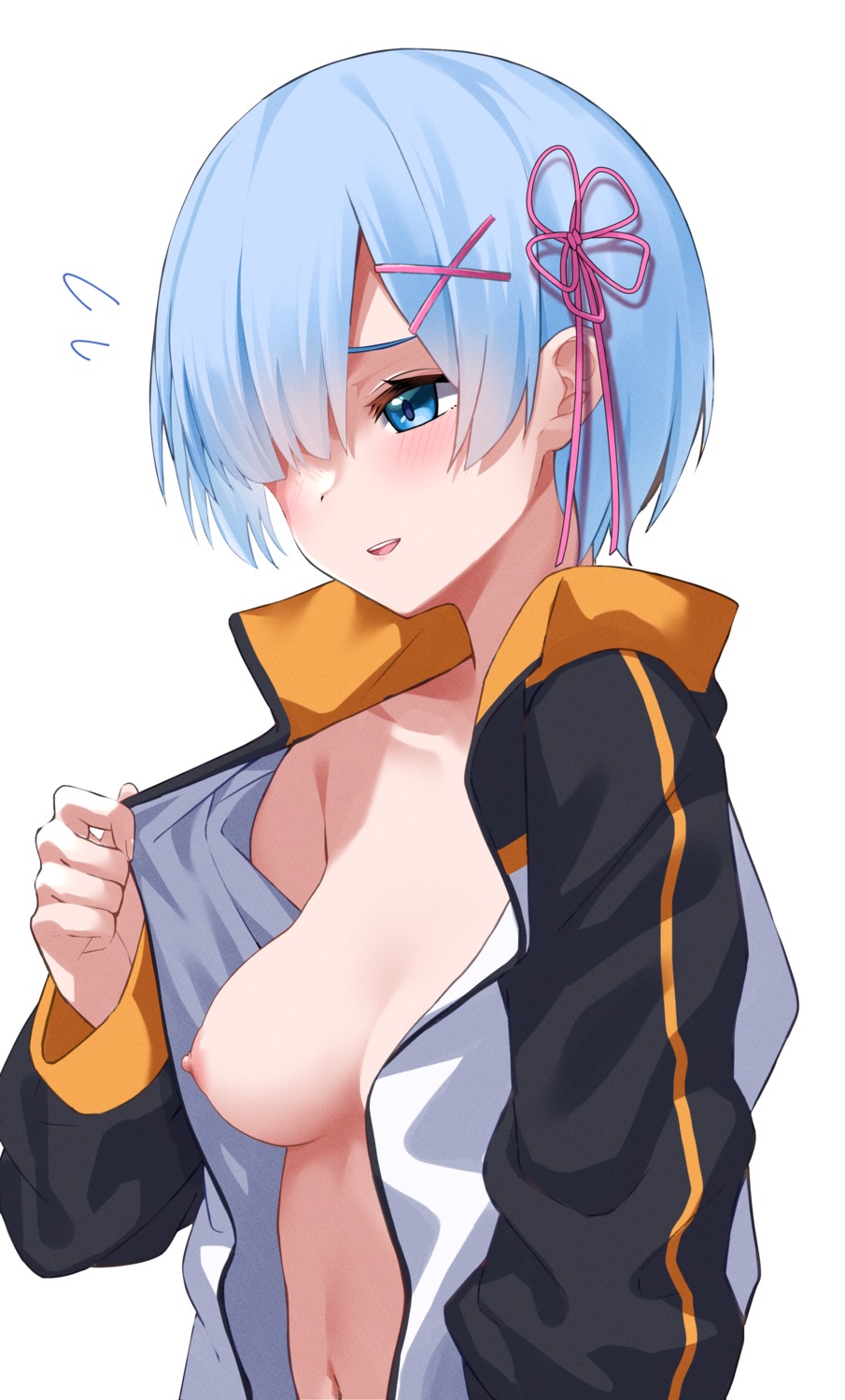 breasts gym_uniform kiona nipples no_bra open_shirt re_zero_kara_hajimeru_isekai_seikatsu rem_(re_zero) undressing