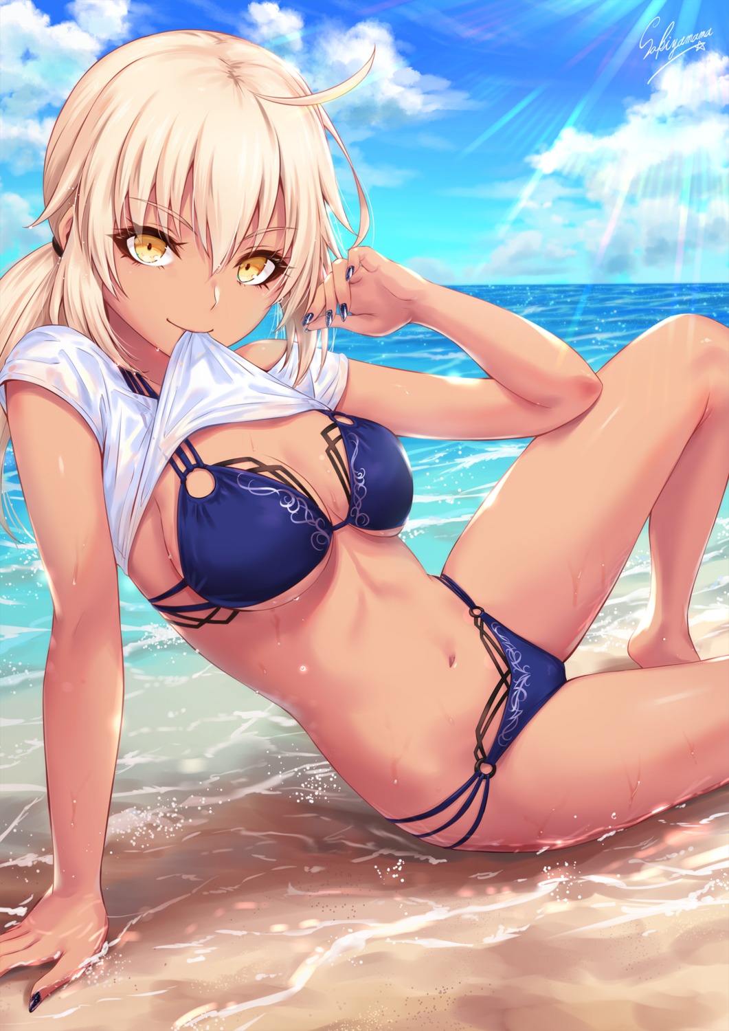 bikini fate/grand_order saber saber_alter sakiyamama shirt_lift swimsuits wet wet_clothes