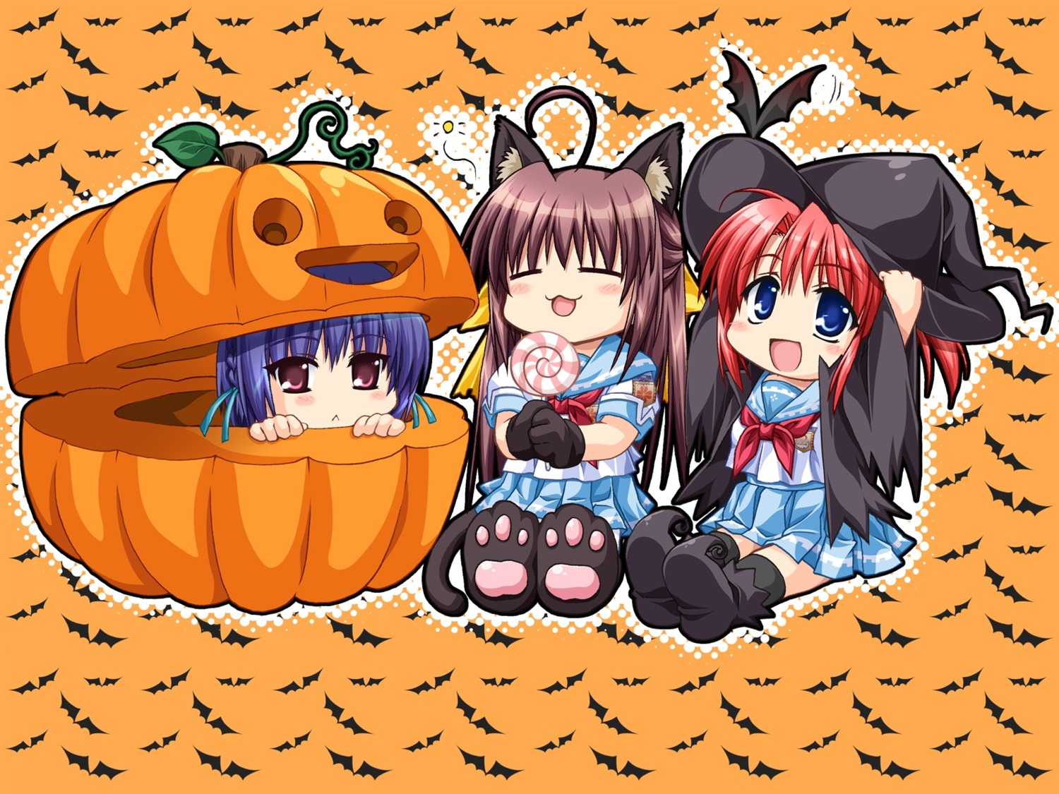 akabeisoft2 alpha animal_ears chibi halloween hinata_natsumi mitsuhiro_sachi nekomimi oone_touka seifuku sharin_no_kuni_himawari_no_shoujo tail wallpaper witch