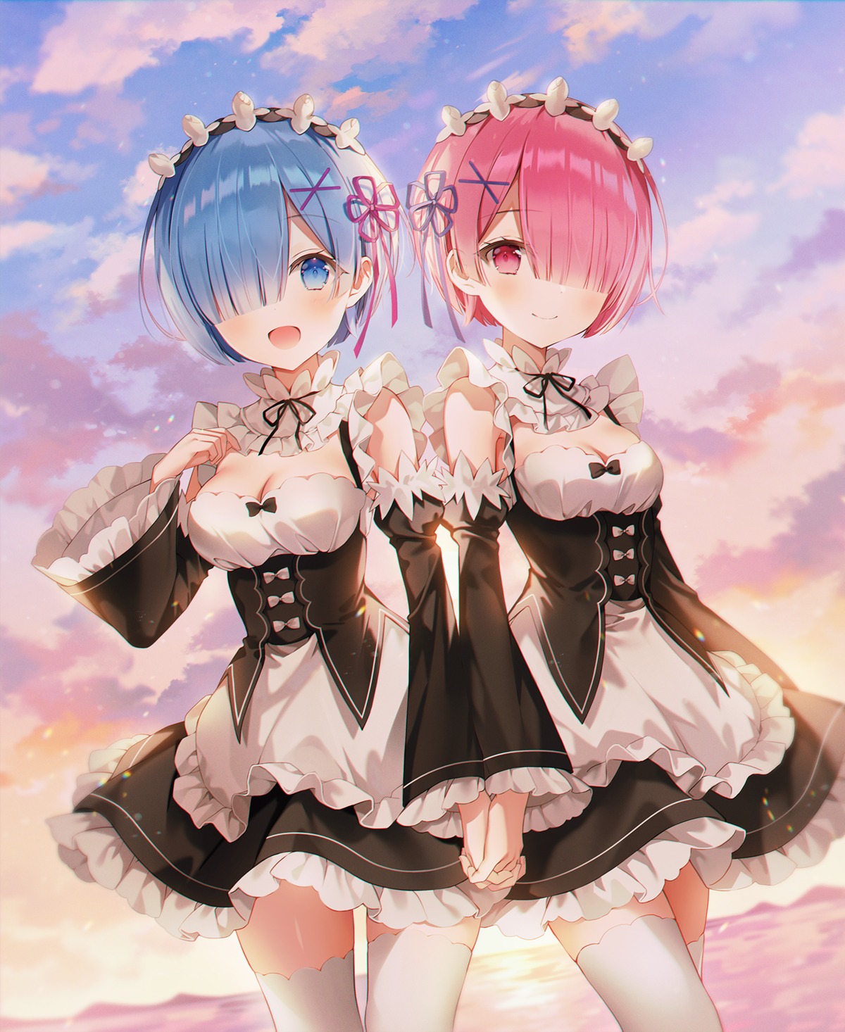 cleavage maid ram_(re_zero) re_zero_kara_hajimeru_isekai_seikatsu rem_(re_zero) skirt_lift thighhighs weri