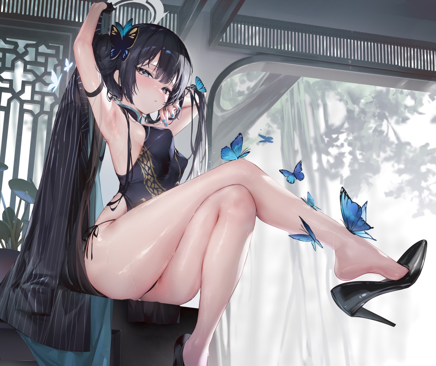 blue_archive chinadress halo heels loli no_bra odaefnyo pantsu ryuuge_kisaki string_panties thong wet