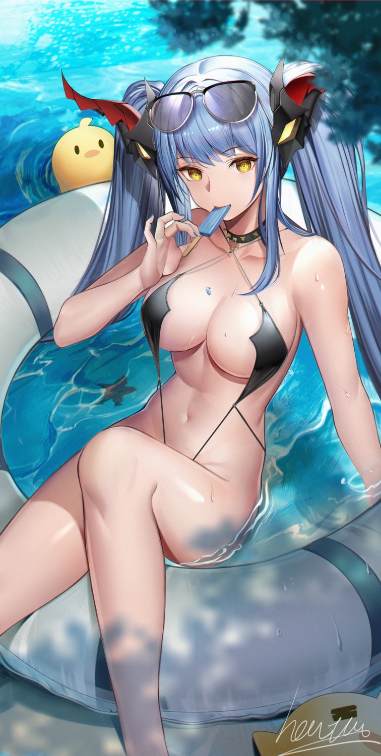 azur_lane heatia horns manjuu_(azur_lane) megane regensburg_(azur_lane) sling_bikini swimsuits wet