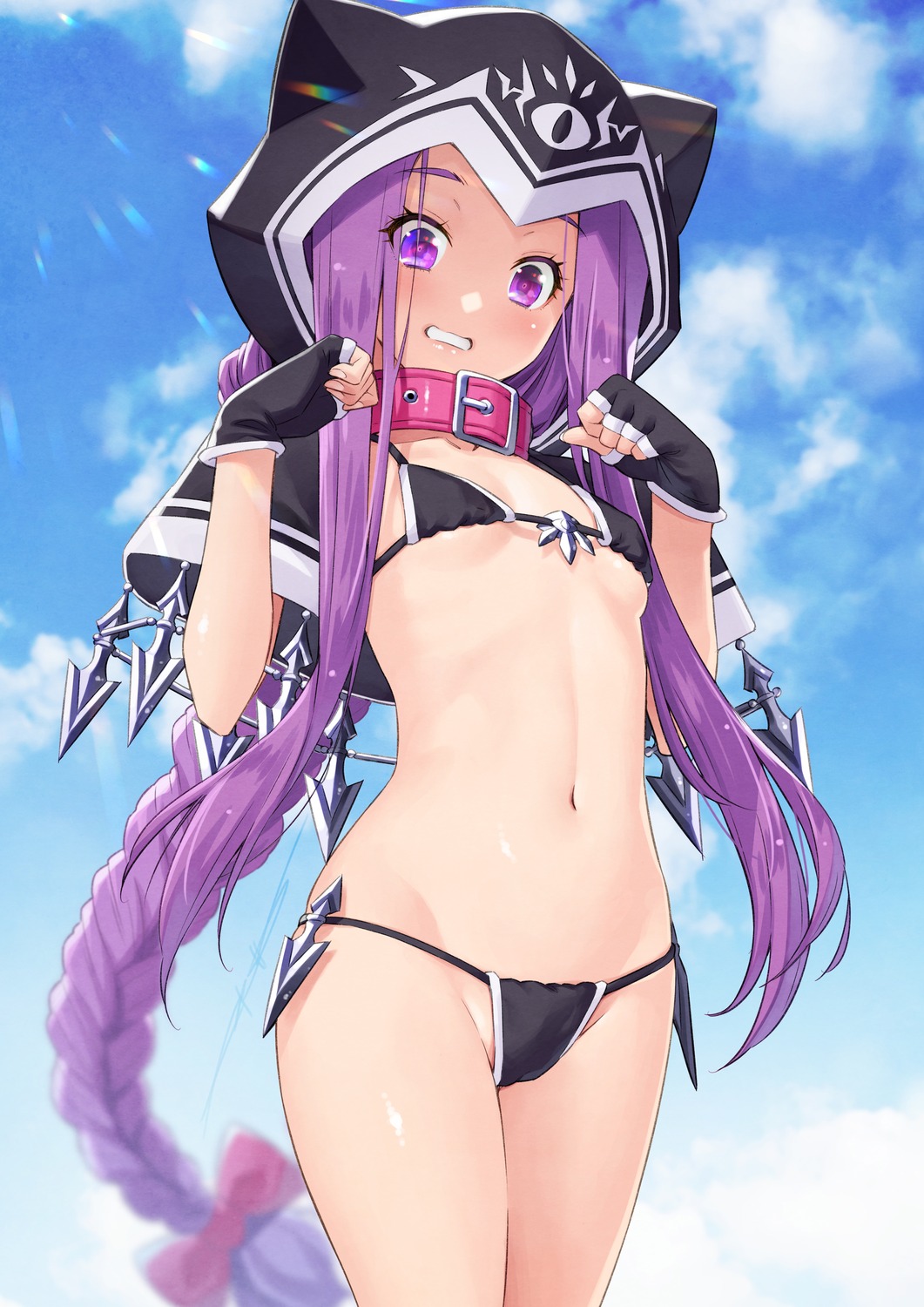 animal_ears bikini cameltoe fate/grand_order kazuma_muramasa medusa_(lancer) swimsuits thong