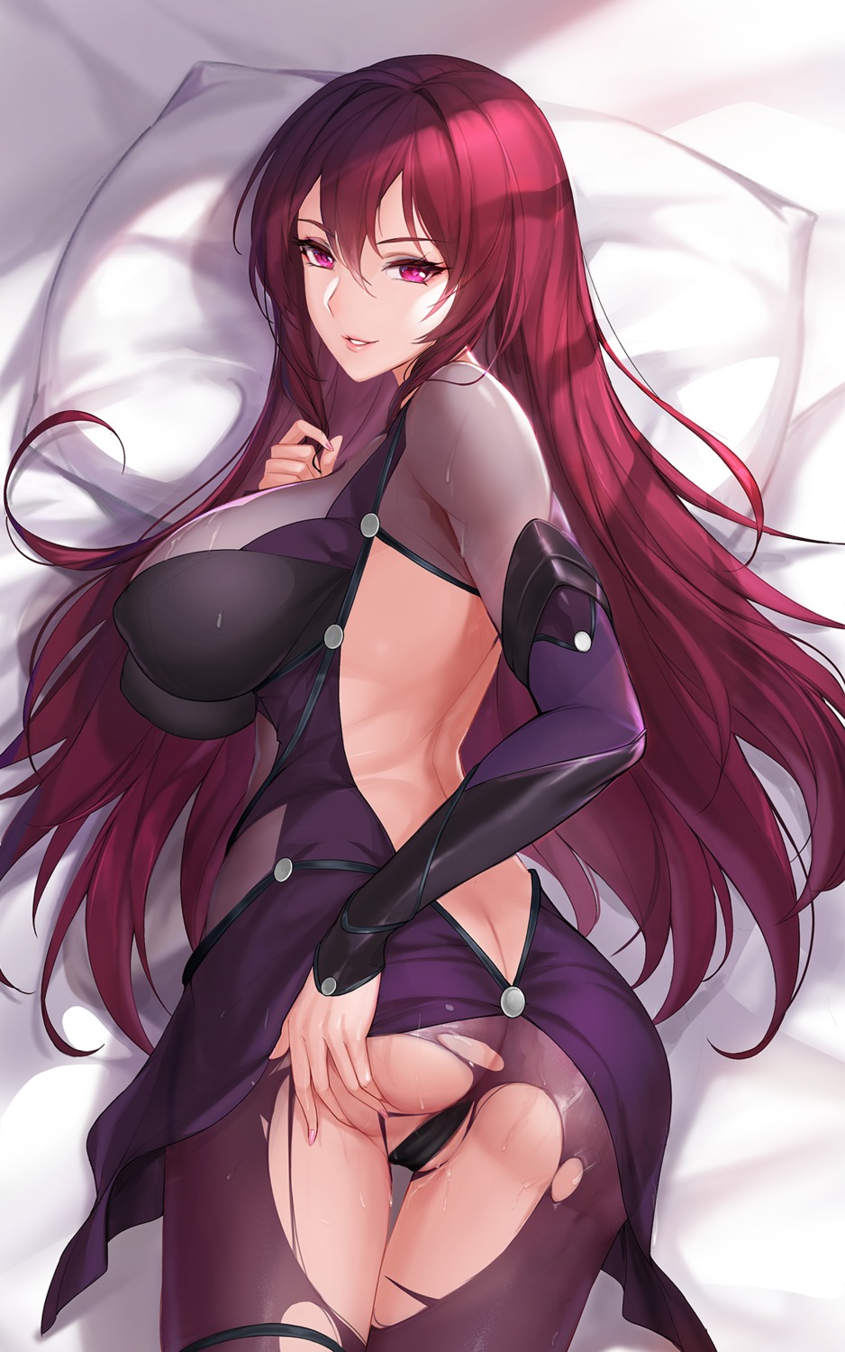 ass bodysuit cameltoe fate/grand_order garter scathach_(fate/grand_order) see_through torn_clothes tsuki_no_i-min wet