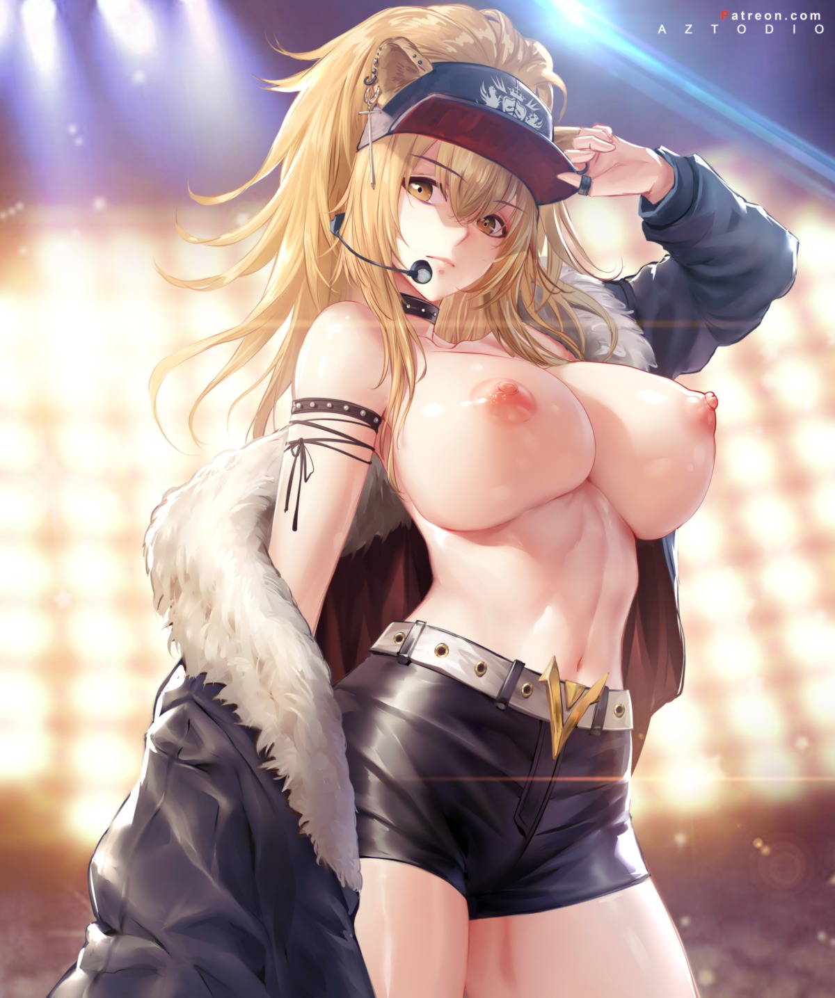 animal_ears arknights azto_dio breasts nipples no_bra official_watermark open_shirt siege_(arknights) wet