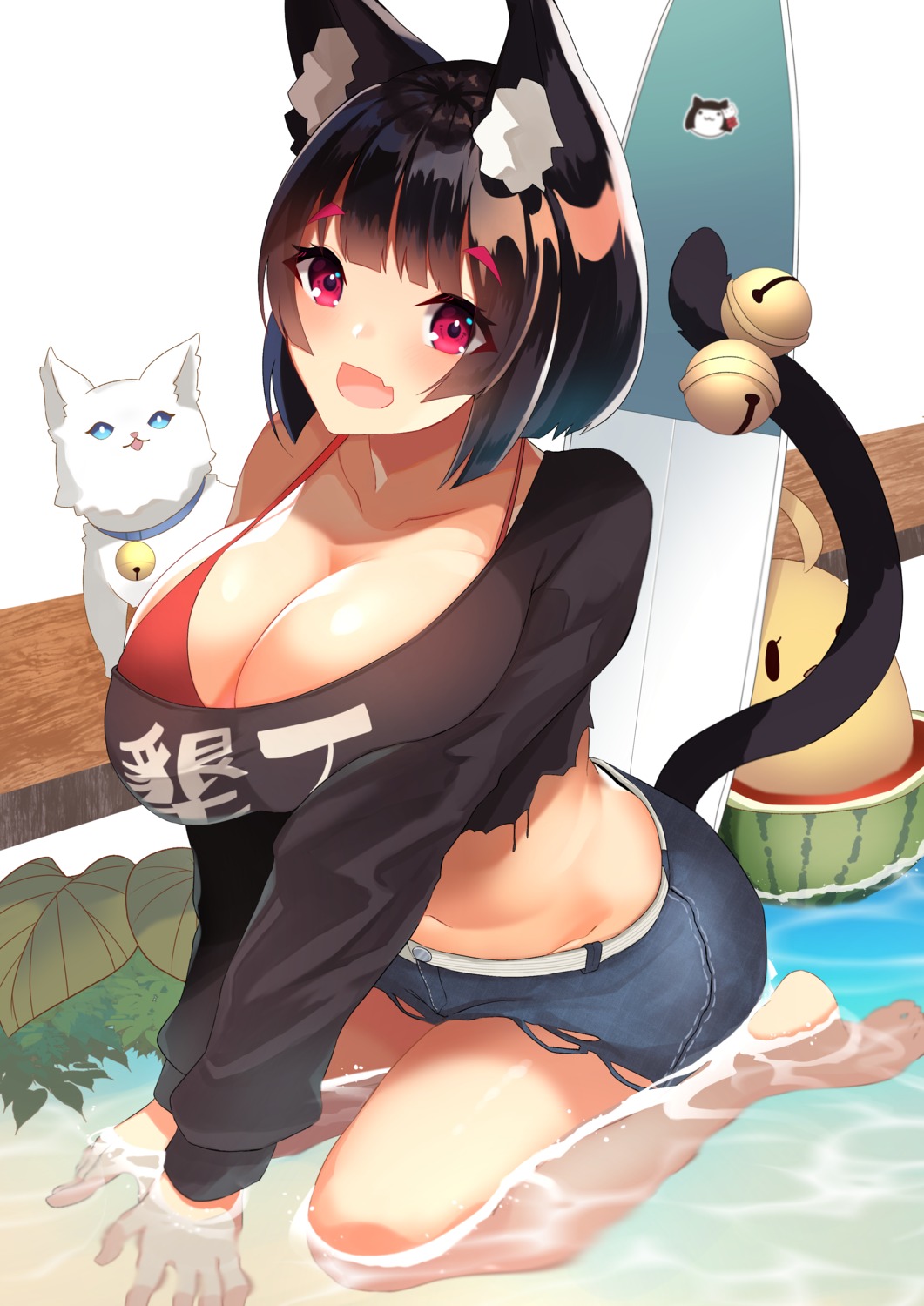 animal_ears azur_lane bra breast_hold cleavage neko tail torn_clothes wet yamaha_tsui yamashiro_(azur_lane)