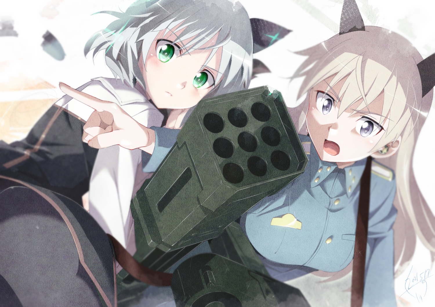 animal_ears eila_ilmatar_juutilainen gun jet_yowatari kitsune nekomimi sanya_v_litvyak strike_witches strike_witches:_operation_victory_arrow strike_witches_2 strike_witches_gekijouban tail uniform weapon