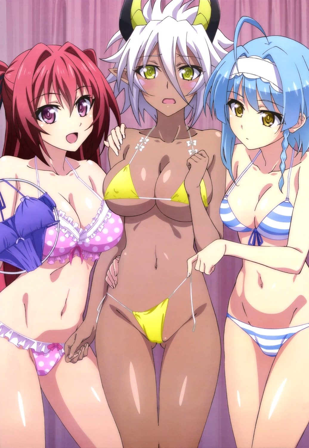 bikini cameltoe cleavage erect_nipples horns naruse_mio nonaka_yuki panty_pull pointy_ears shinmai_maou_no_testament swimsuits underboob zest