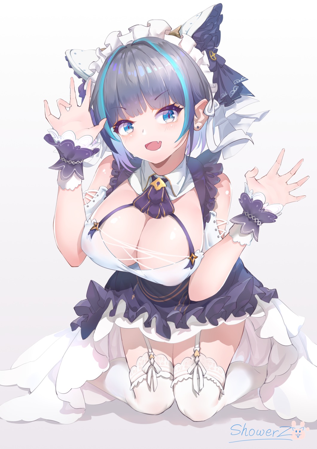 areola azur_lane cheshire_(azur_lane) erect_nipples maid no_bra see_through showerz skirt_lift stockings thighhighs