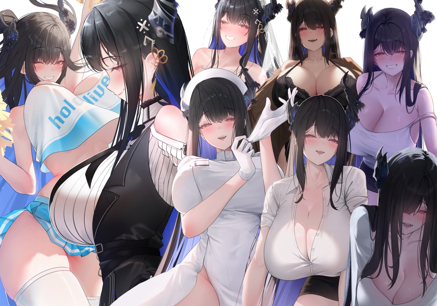 bra cheerleader cleavage dress_shirt hololive hololive_english horns nerissa_ravencroft no_bra nurse open_shirt prab thighhighs