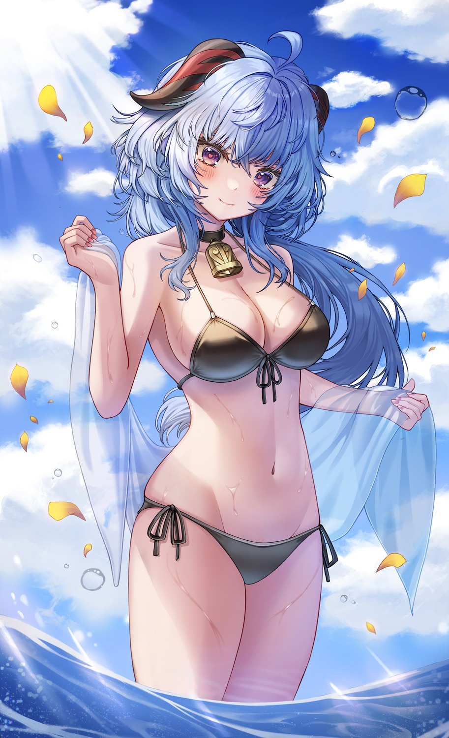 bikini ganyu genshin_impact horns seemu_(wnslqjdignv_) swimsuits wet