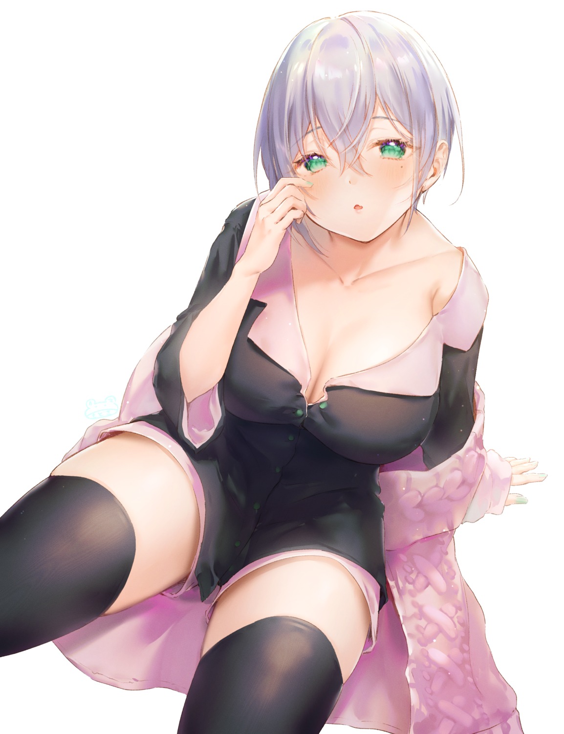 cleavage modoki_kuma no_bra open_shirt sweater thighhighs